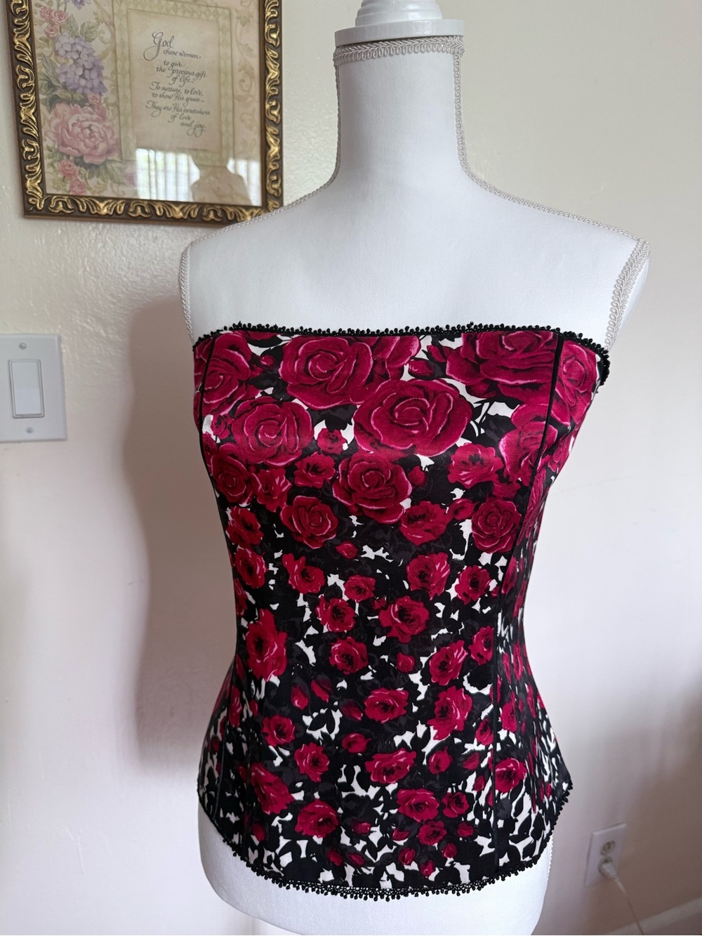 White House Black Market Strapless Black Top with Fuchsia Rose Print